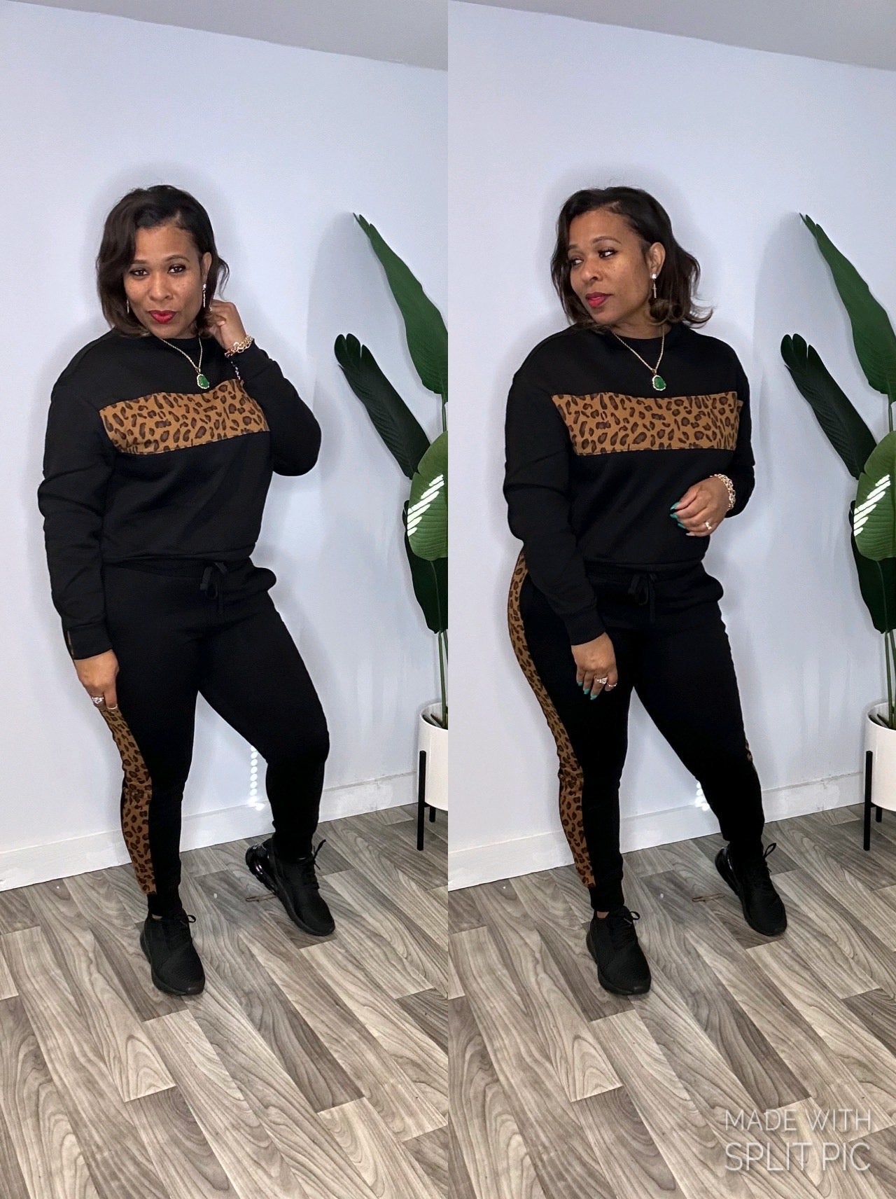 Black Leopard Fleece Crew Jogger Pant Set