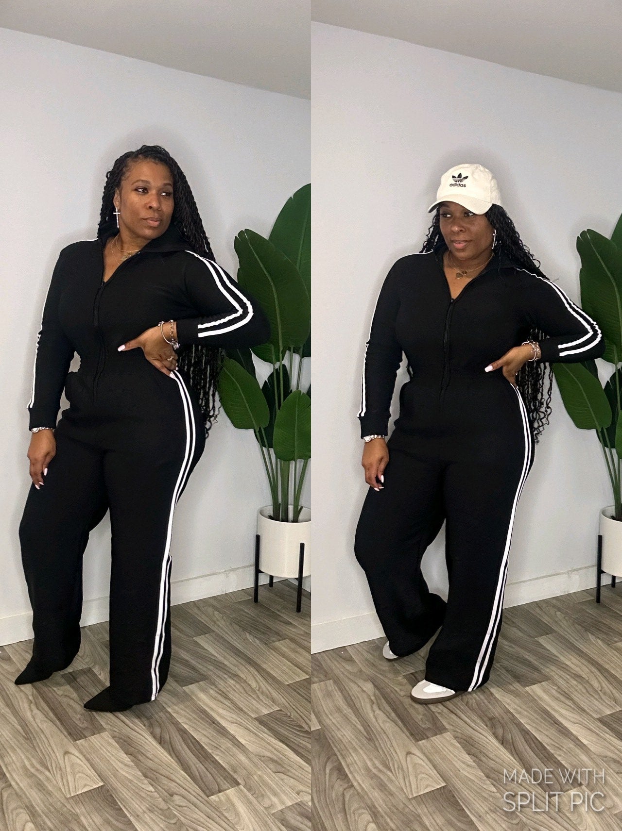 Fleece Side Stripe Hoodie Jumpsuit (Black)