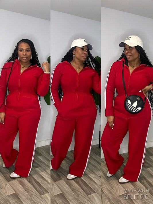 Fleece Side Stripe Hoodie Jumpsuit (Red)