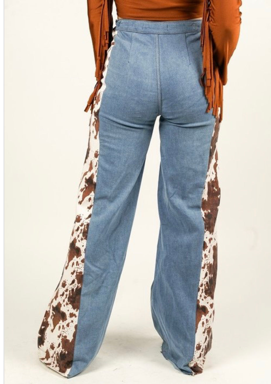 High Waisted Cow Print Side Panel Jeans