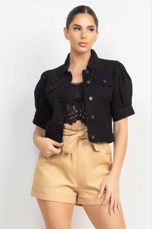 Puff Sleeve Denim Jacket (Black)