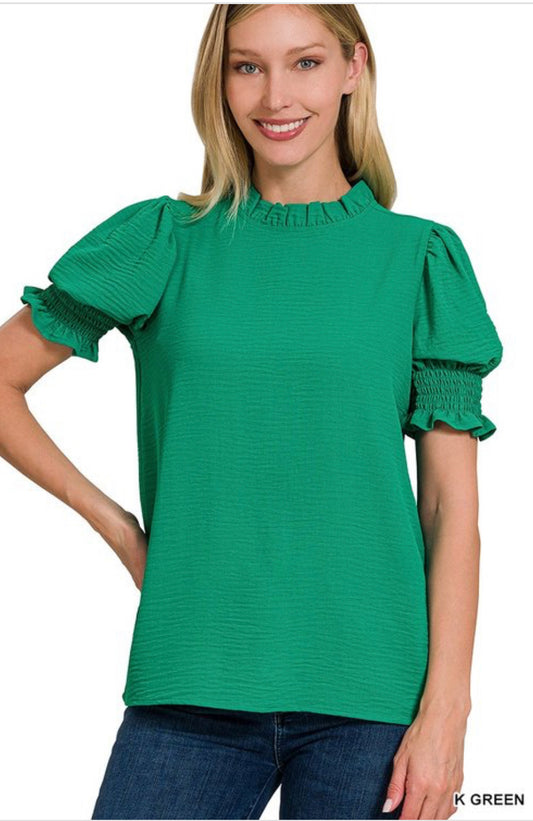 Solid Green Puffy Cuff Sleeve Top