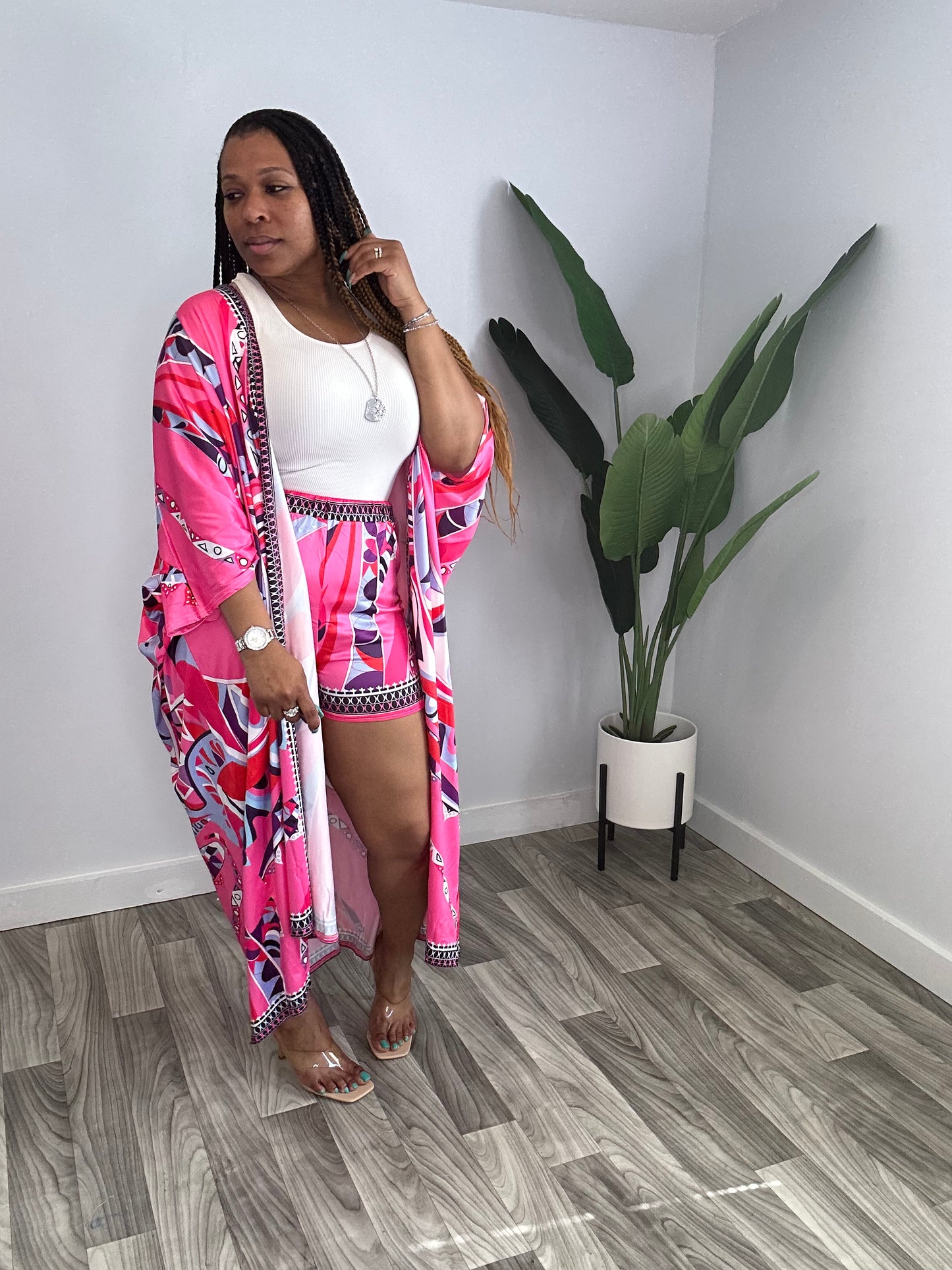 Printed Kimono & Shorts Set (Pink)