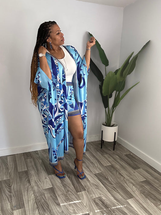 Printed Kimono & Shorts Set (Blue)