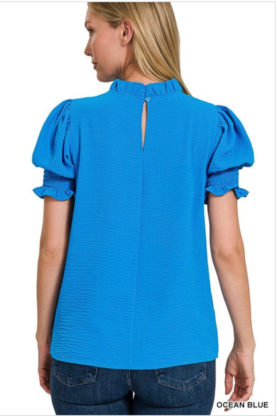 Solid Ocean Blue Puffy Cuff Sleeve Top