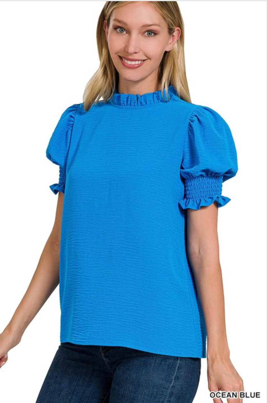 Solid Ocean Blue Puffy Cuff Sleeve Top