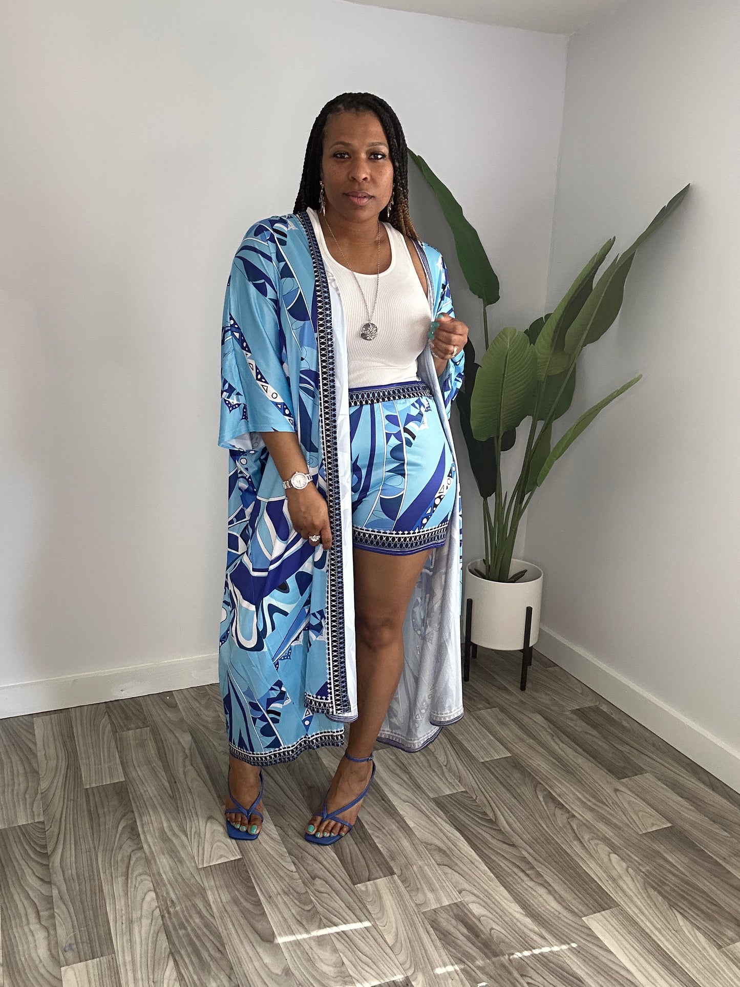 Printed Kimono & Shorts Set (Blue)