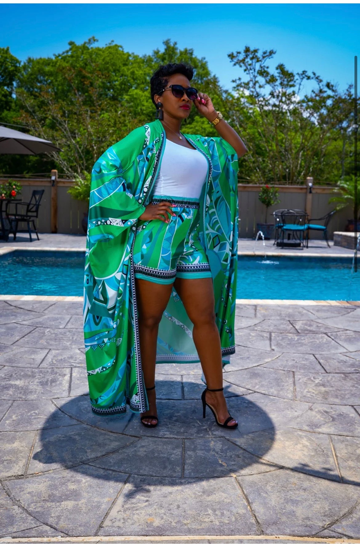 Printed Kimono & Shorts Set (Green)