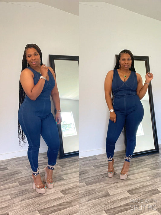 Deep V-Neck Denim Jumpsuit