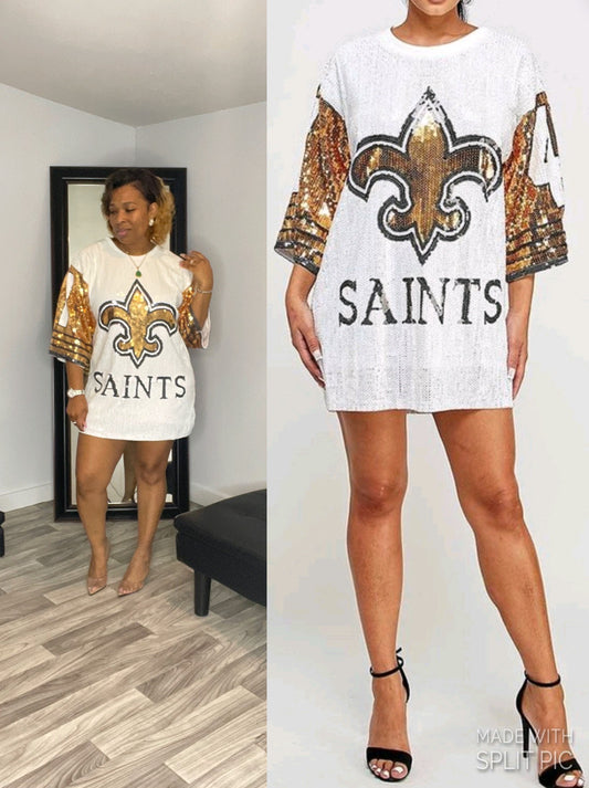 White/Gold Saints Sequin Dress