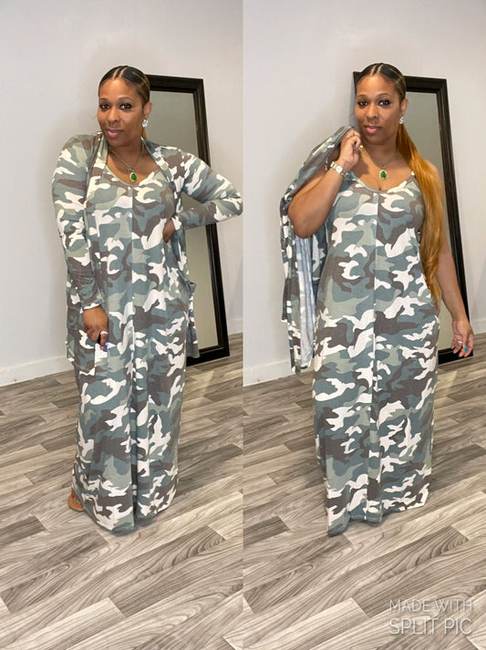 Camo Cardigan And Maxi Set